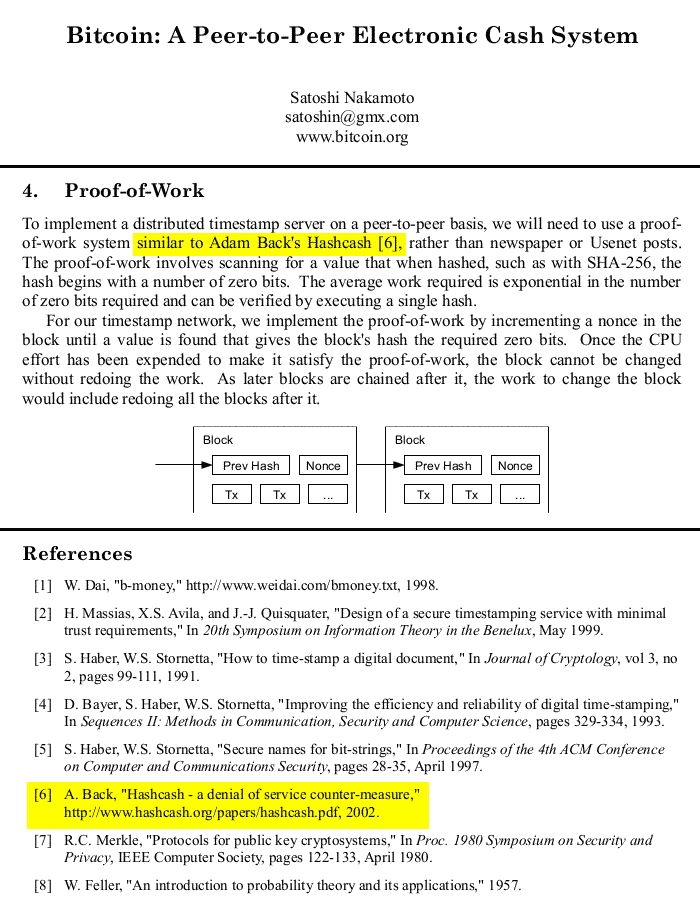 Excerpts from bitcoin.pdf, citing Hashcash